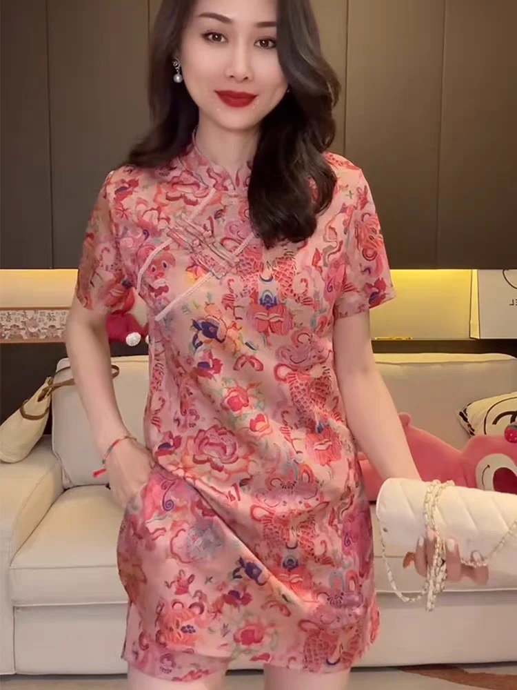 新中式国风套装裙2025夏新款盘扣开叉改良旗袍短裤两件套连衣裙女