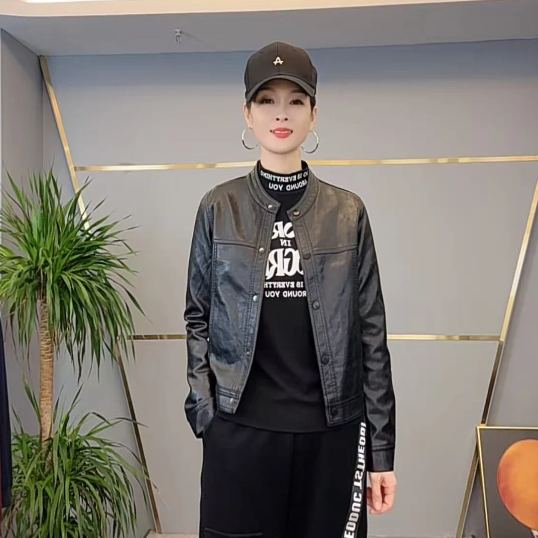 shishu/拾束秋季新款时尚女装纯色圆领显瘦气质PU皮外套 MF86651