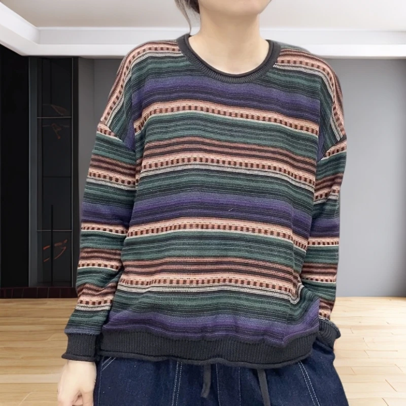 【云吖】秋季休闲百搭提花条纹棉线针织圆领套头上衣