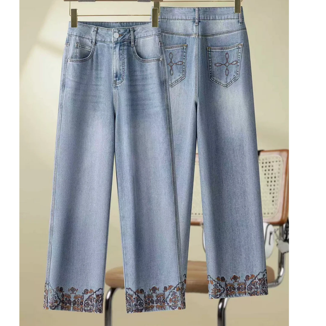 夏季设计刺绣八分牛仔阔腿裤高腰宽松显瘦百搭直筒裤6836