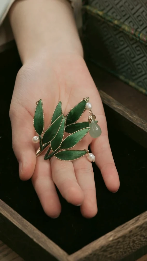 刺绣手工绒花竹叶发夹