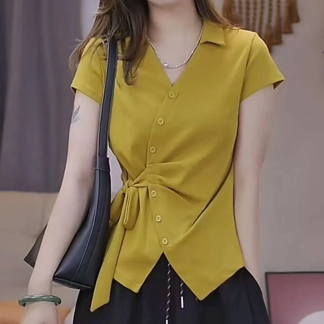 【阿芝专属】2025夏季方领开叉系带洋气时尚百搭t恤显瘦短袖85315