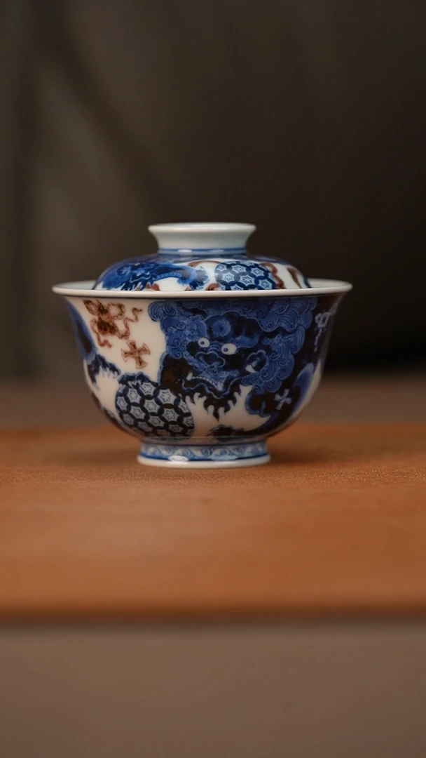 陶瓷又见春风青花釉里红狮子盖碗