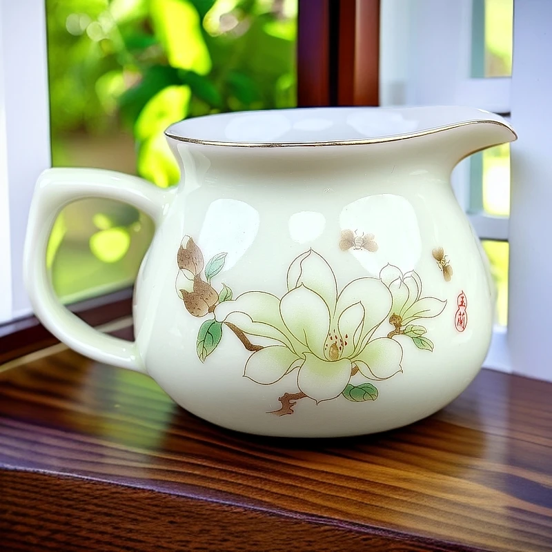 羊脂玉防烫公道杯青翠荷花 F55