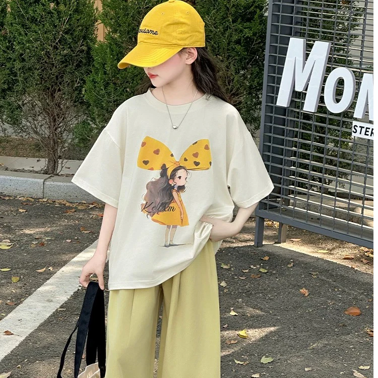 女宽松印花休闲风卡通风运动套头减龄薄款夏季套装儿童服装