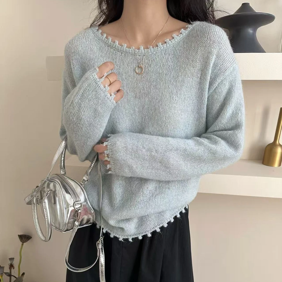 温柔风花边圆领网红宽松设计感慵懒风轻薄长袖针织洋气显瘦上衣女