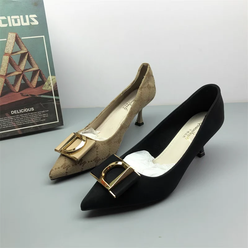 115518-90细跟高跟鞋夏季薄款拼接防滑春季一脚蹬尖头胶粘褶皱