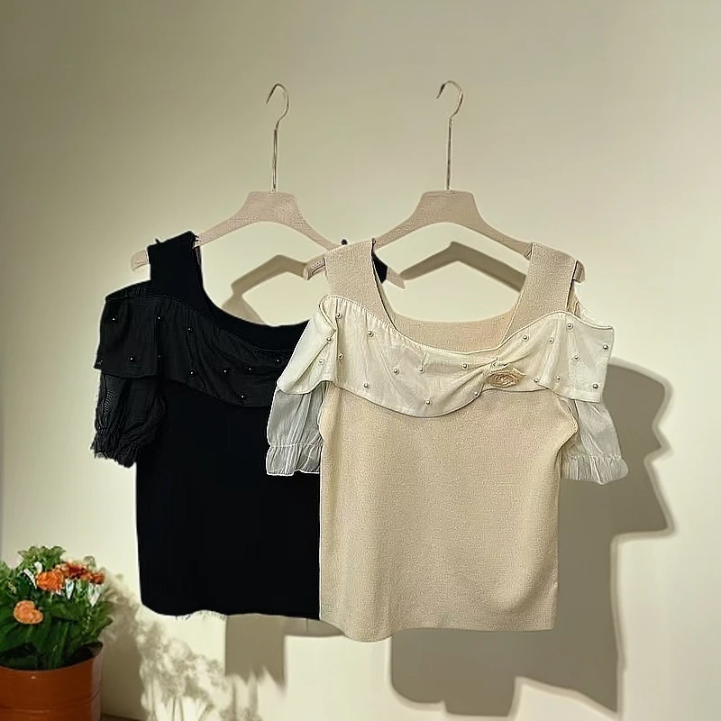 5001重工接拼露肩曲珠上衣女装气质显瘦时尚百搭上衣