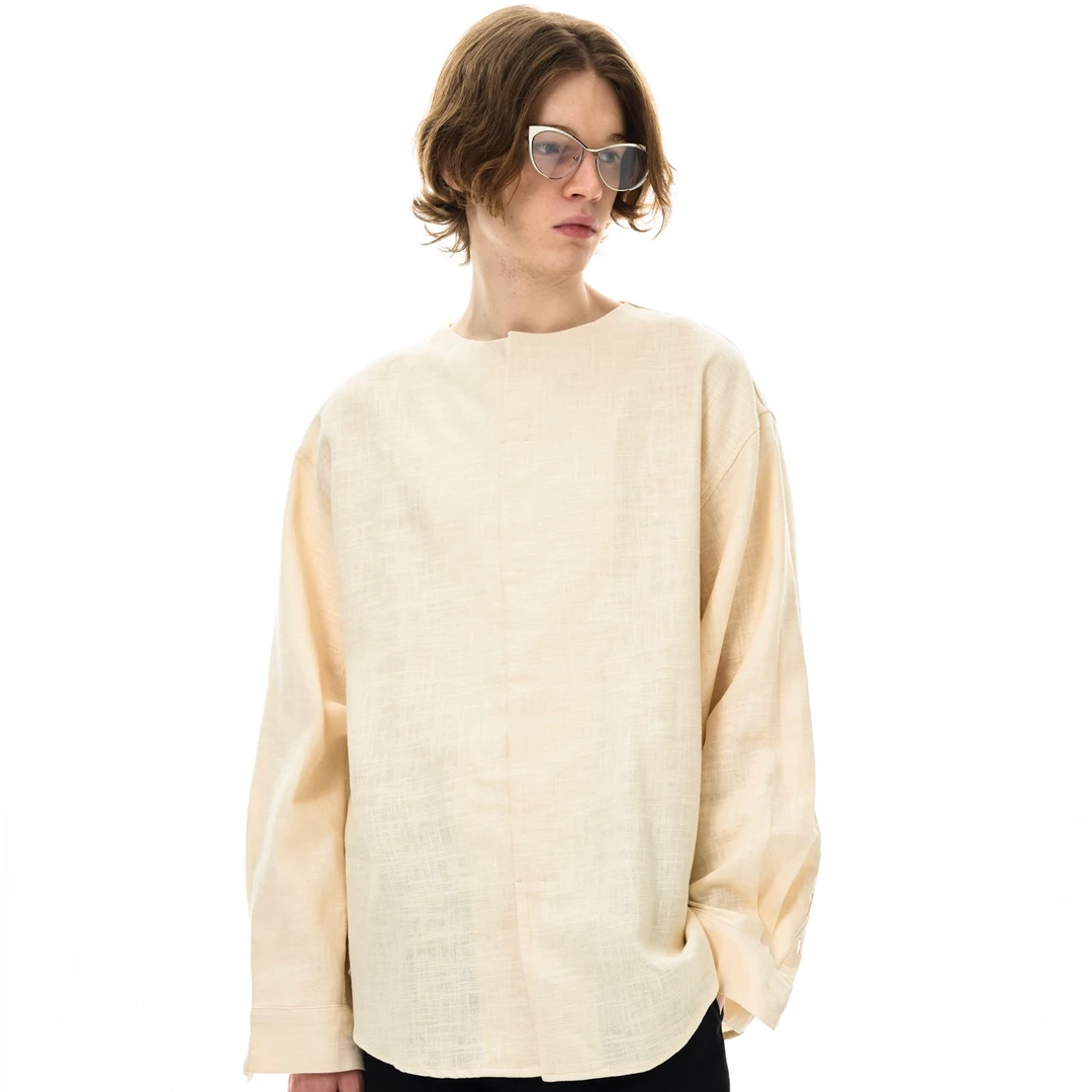 宽松亚麻套头衬衫男