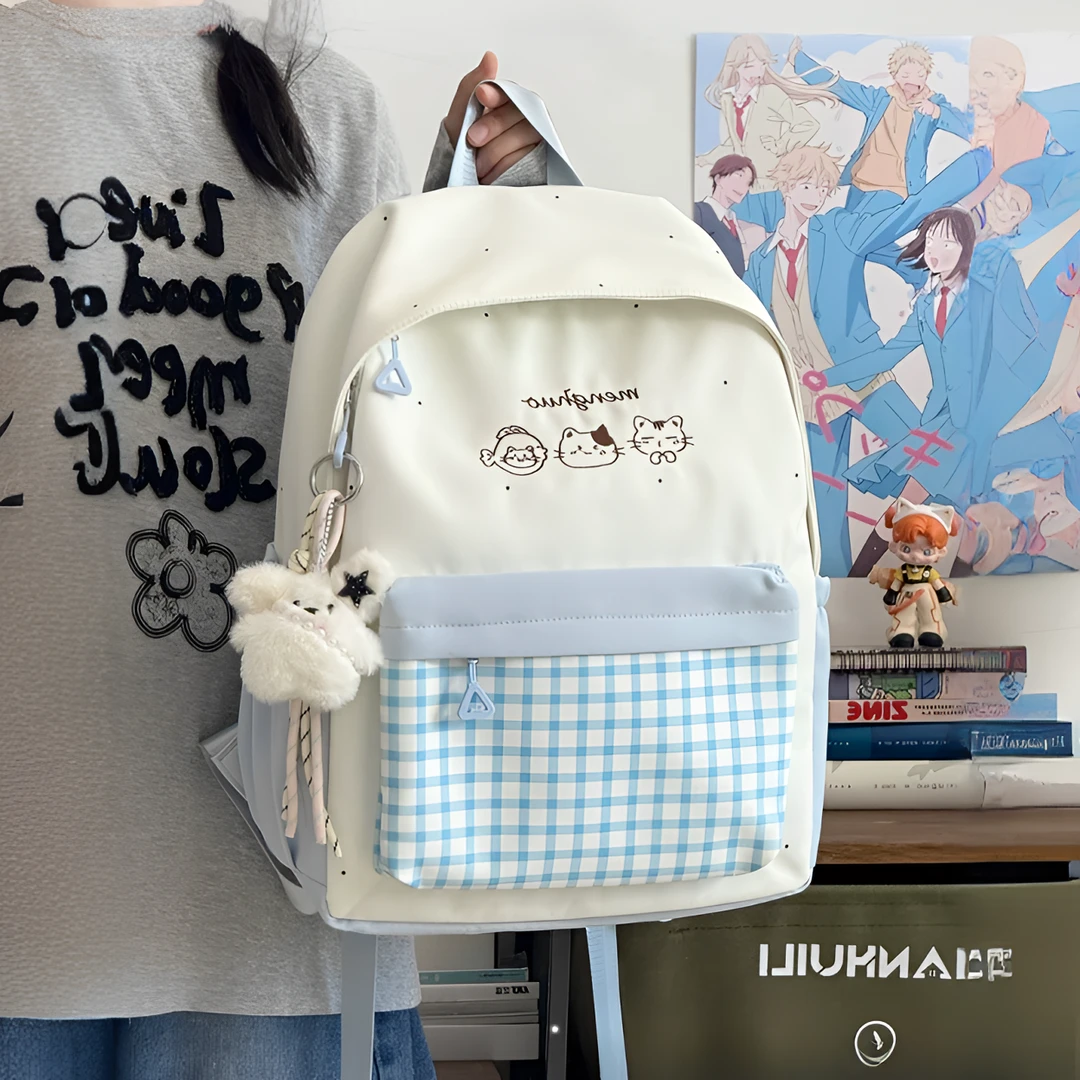 日系ins休闲格子书包女初中生高中生百搭可爱学院双肩包旅行背包
