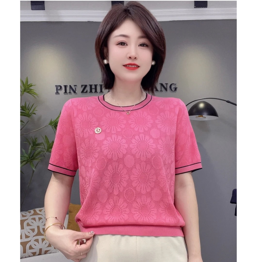 新款圆领重工烧花工艺天丝半袖26638