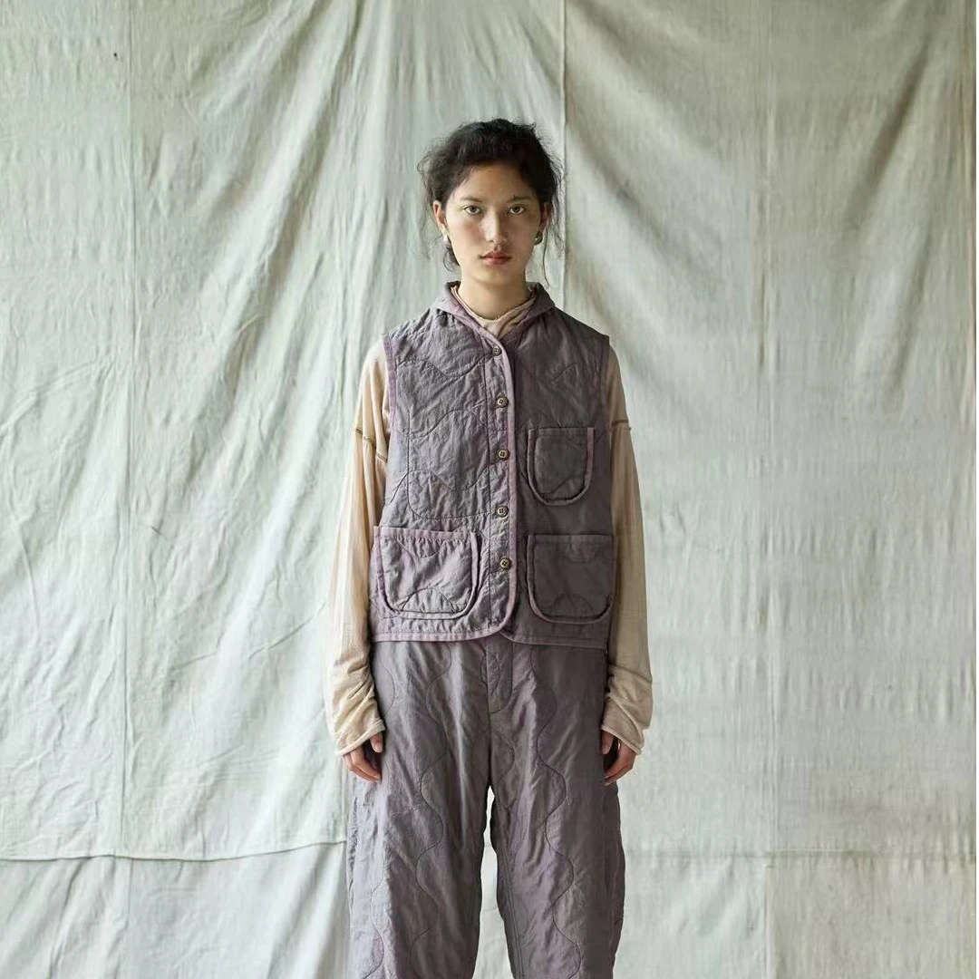 涟香家左岸迷香短马甲6009粉紫立领马夹宽松水洗做旧秋冬