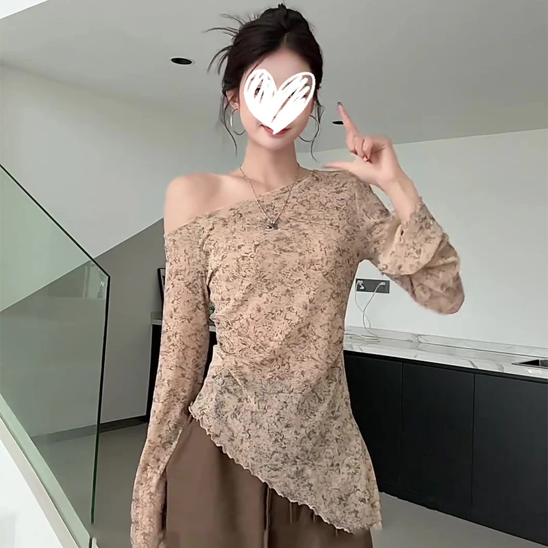 法式气质斜肩不规则下摆长袖上衣女2025秋季纯欲百搭修身打底T恤