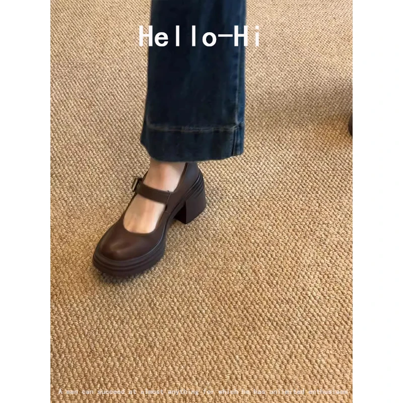 羊皮版~厚底圆头玛丽珍高跟鞋复古风新款粗跟单鞋学院风小皮鞋女