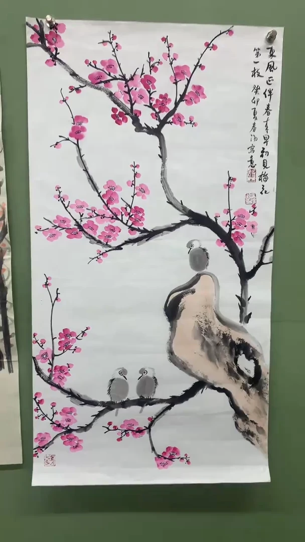竖款精品三尺花鸟，梅