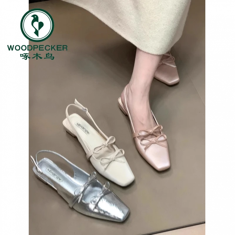 啄木鸟法式蝴蝶结后绊带包头凉鞋女夏2025新款晚晚风银色气质单鞋