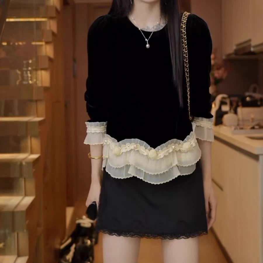 2025早秋新款法式高级小资穿搭丝绒拼接长袖衬衫女气质设计感上衣