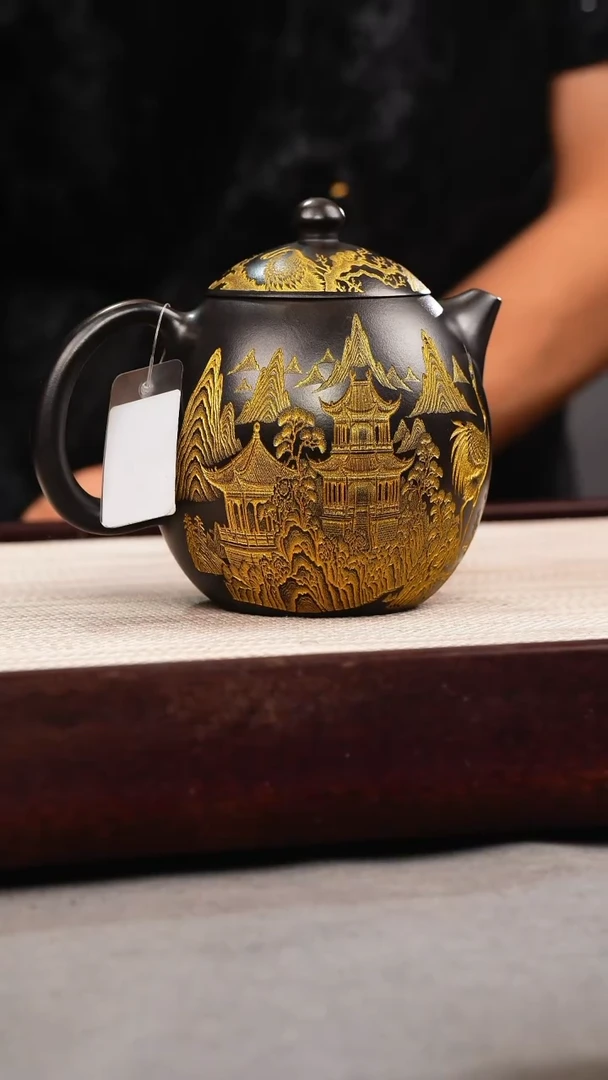 茶壶紫砂石黄 龙蛋 仙鹤 描金