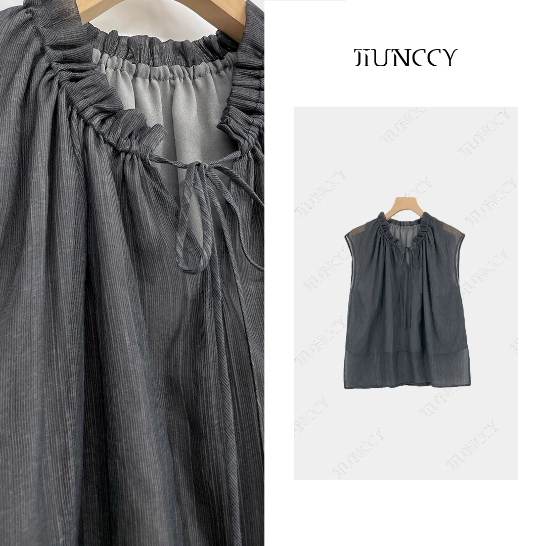 JIUNCCY【松烟】定制肌理感天丝亚麻花边抽绳系带领口上衣 24CY120