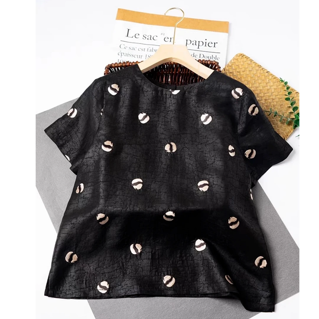 DY2265樱美嘉100桑蚕丝立领斜襟盘扣熊猫刺绣短袖衬衫新中式打底