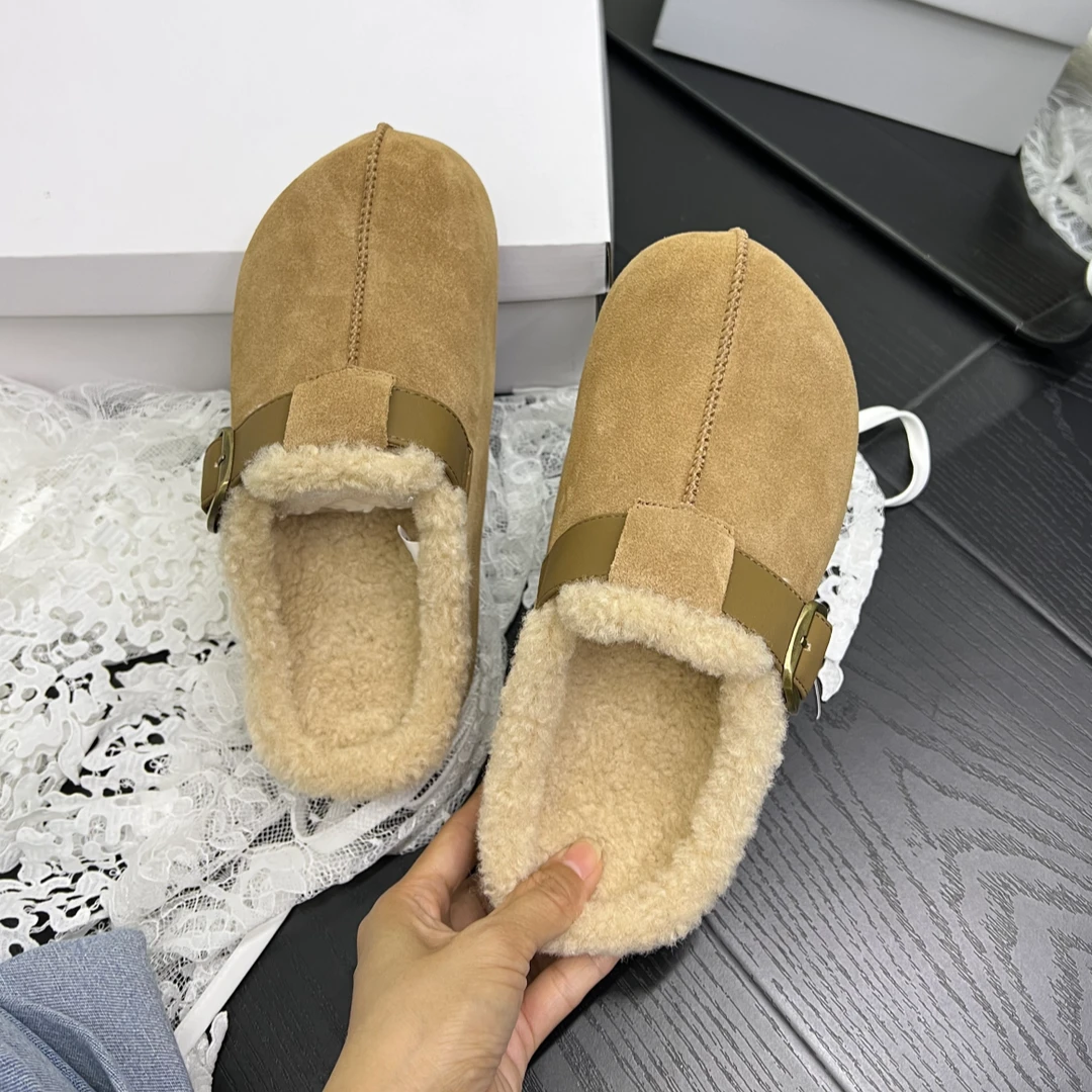 平底厚底秋冬加绒勃肯拖鞋2025年新款搭扣一脚蹬内增高包头拖鞋女