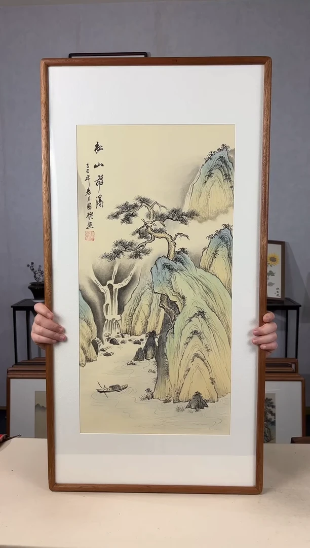 国画手绘*松山飞瀑*47*92cm带框发货