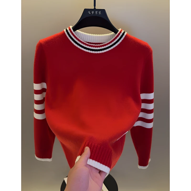 高档圆领红色条纹针织衫毛衣男士秋冬本命年时尚打底衫男装5227
