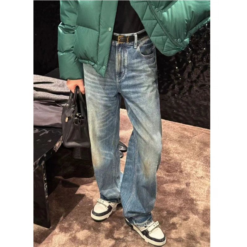 syna磨白设计高腰宽松直筒牛仔裤-猫须脏脏裤