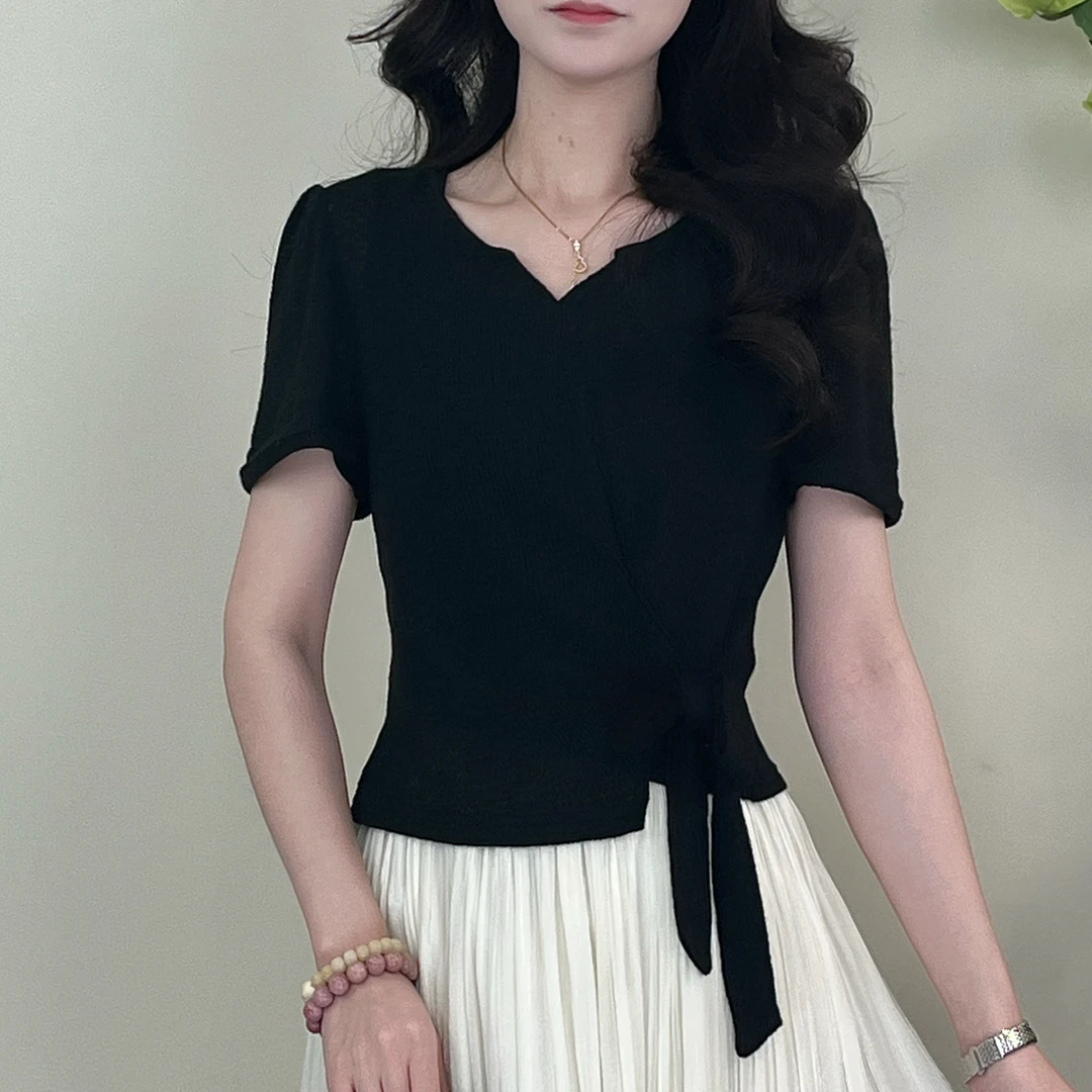 蔡小姐2025年夏季T恤蝴蝶显瘦气质短款法式方领百搭收腰褶皱