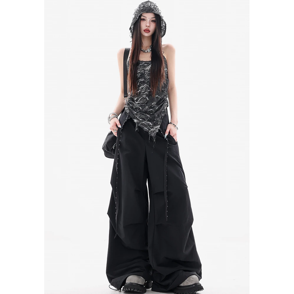 高级感黑色飘带打褶休闲裤女夏季新款气质辣妹高腰宽松垂感阔腿裤