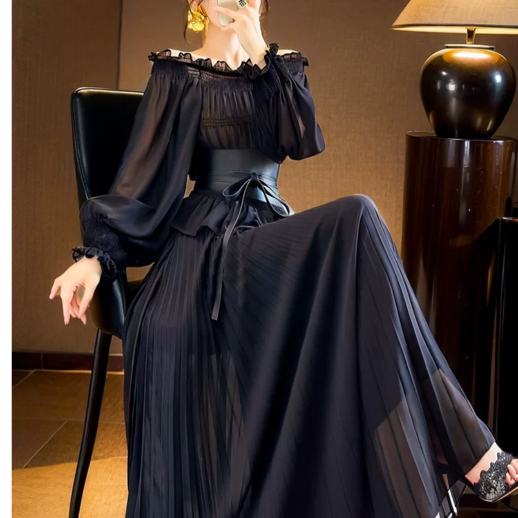 时尚夏季设计感连衣裙收腰显瘦百褶裙长裙新款