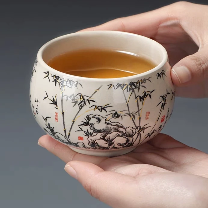 心名茶器 墨竹节节高升铜钱主人杯陶瓷家用罗汉杯-5134