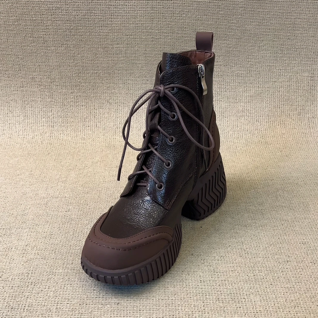 RubyL/8cm小个子复古通勤侧拉链系带百搭圆头增高厚底马丁靴女款