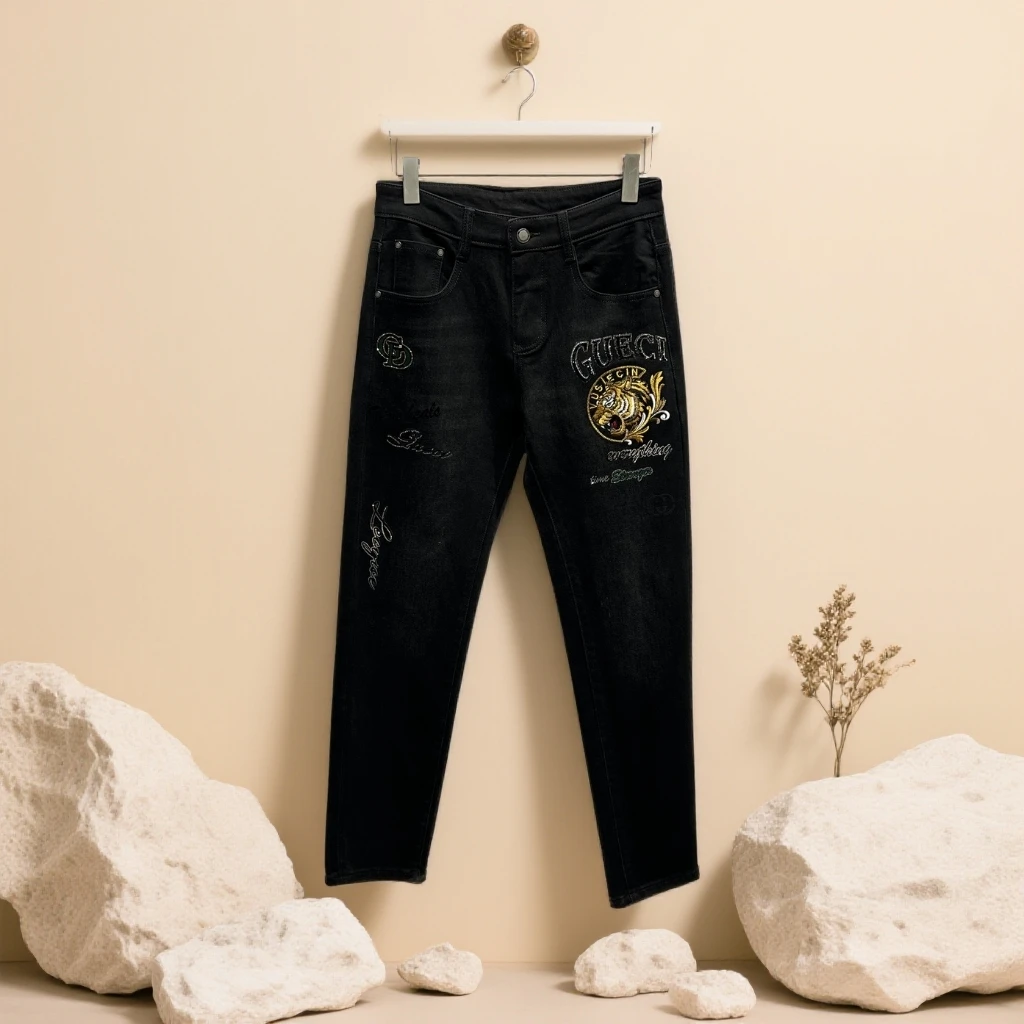 诺顿雷斯时尚潮流修身厚款牛仔裤男士秋冬新款老虎刺绣烫钻小脚裤