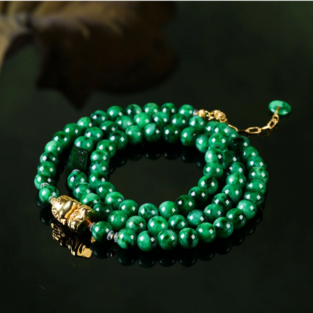 【意婵】《无所从来》高货大超值6.8mm18k金缅A老翡翠项链手链-916736