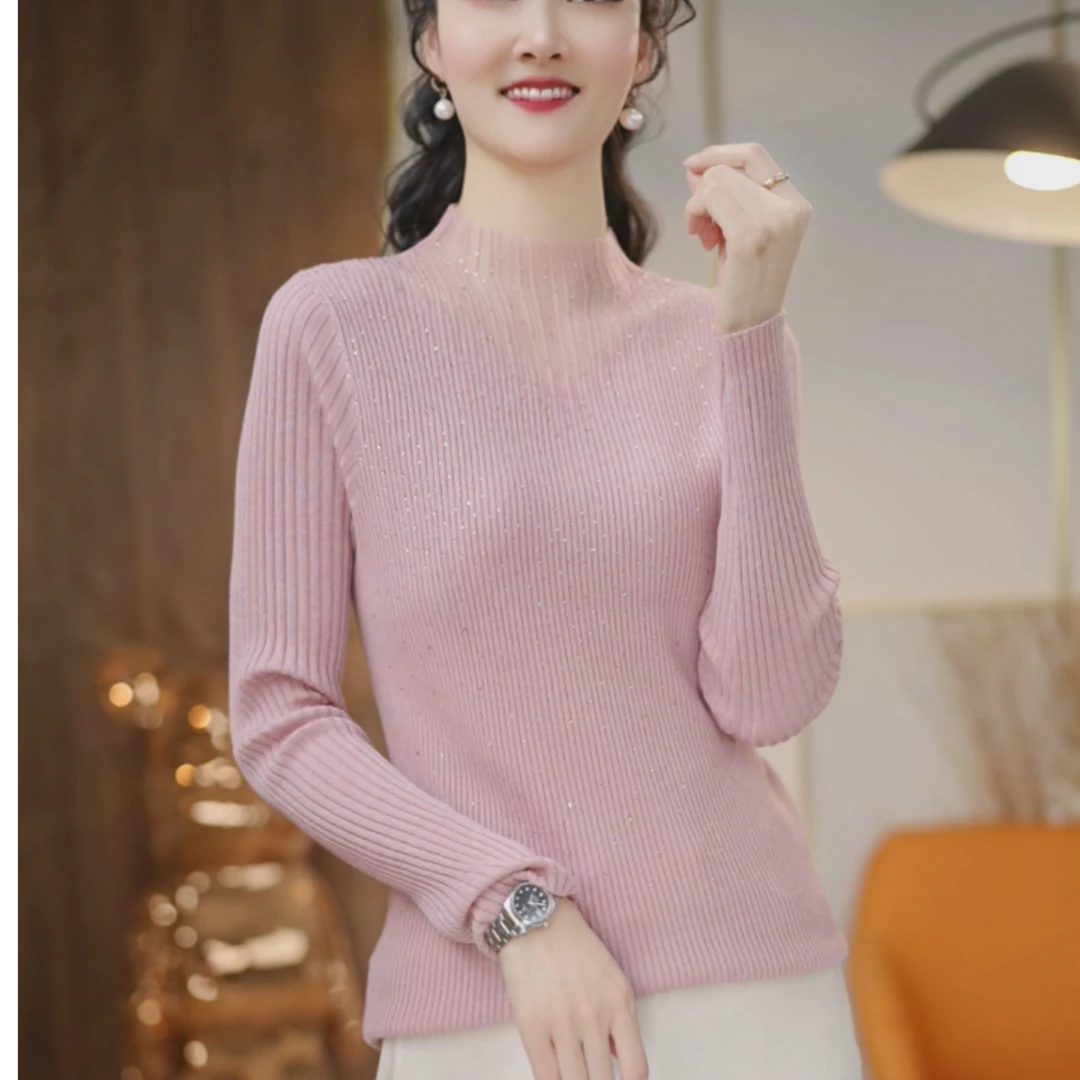 （超细精纺）新春设计感烫钻蕾丝设计感气质百搭针织打底衫6555