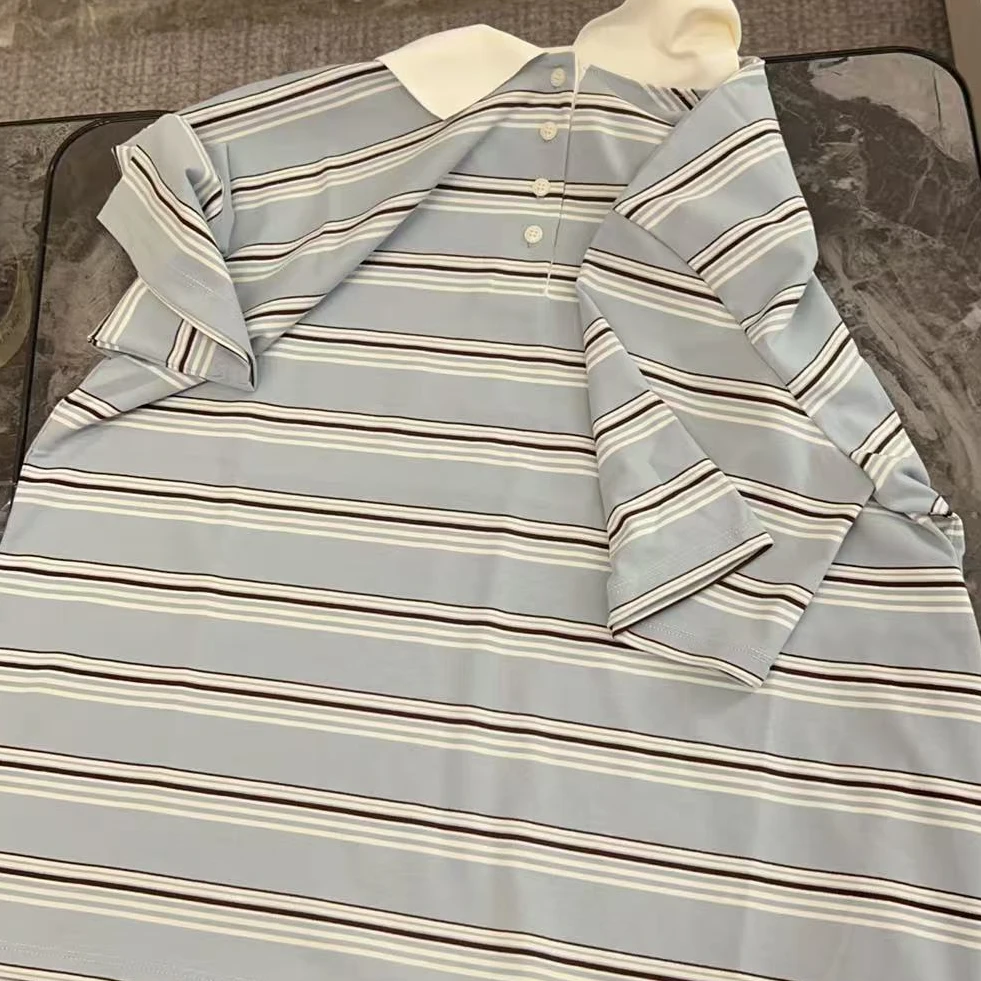 【NO退NO换】韩国东大门韩允儿2025夏款天蓝色Polo条纹短袖T