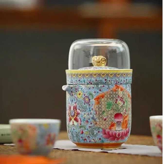 五言六器锦绣祥和瑞像旅行装茶具一壶三杯H22222