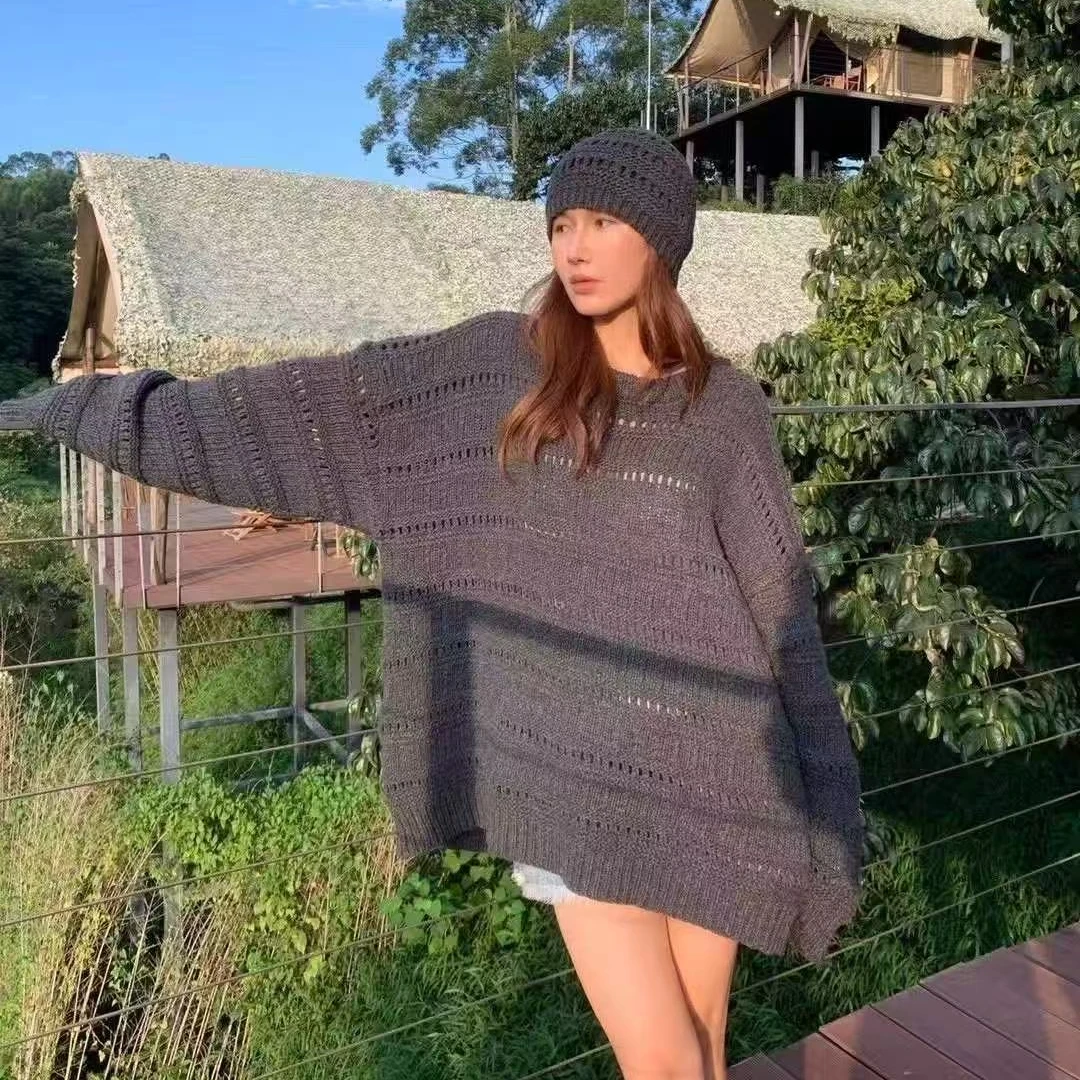 点点家女装手工镂空针织罩衫早秋气质千金风显贵气针织网格上衣女