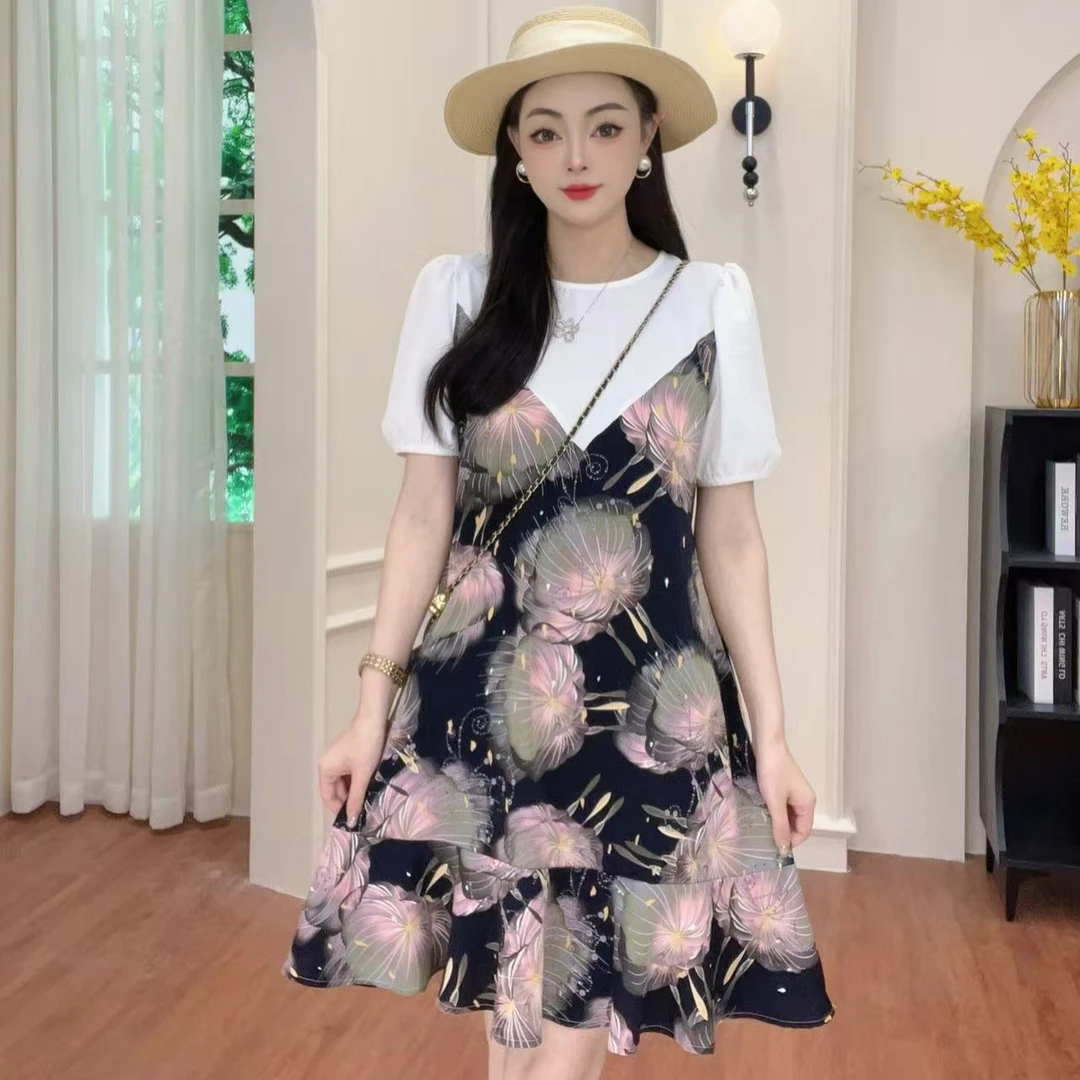 『璀璨烟花』有口袋+腰带2025夏季新款拼接假两件气质连衣裙