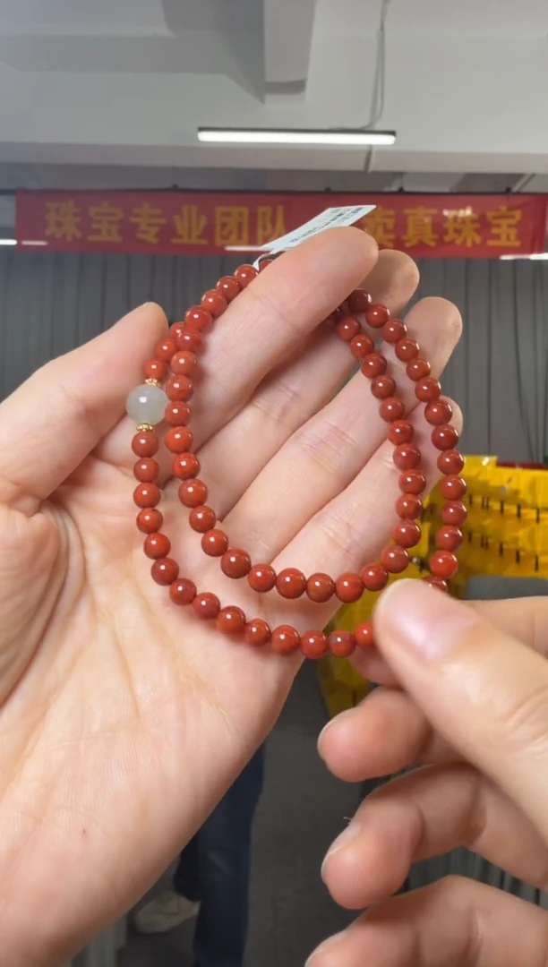 手串银S925镶嵌南红玛瑙南红圆珠约5mm搭银配件双圈手串