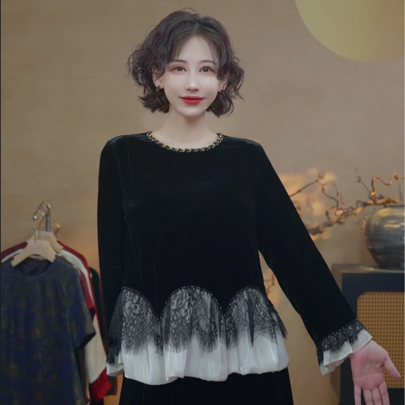 2025秋季新款收腰显瘦圆领洋气减龄轻奢女人味黑色上衣C202