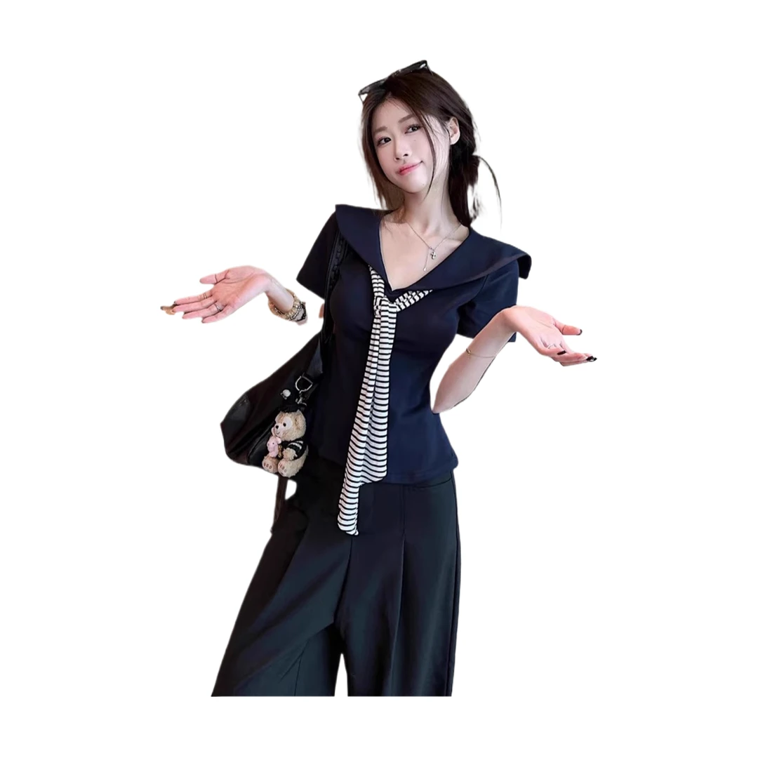 海军领短袖T恤条纹撞色领带上衣夏季百搭时尚显瘦修身t恤韩版设计