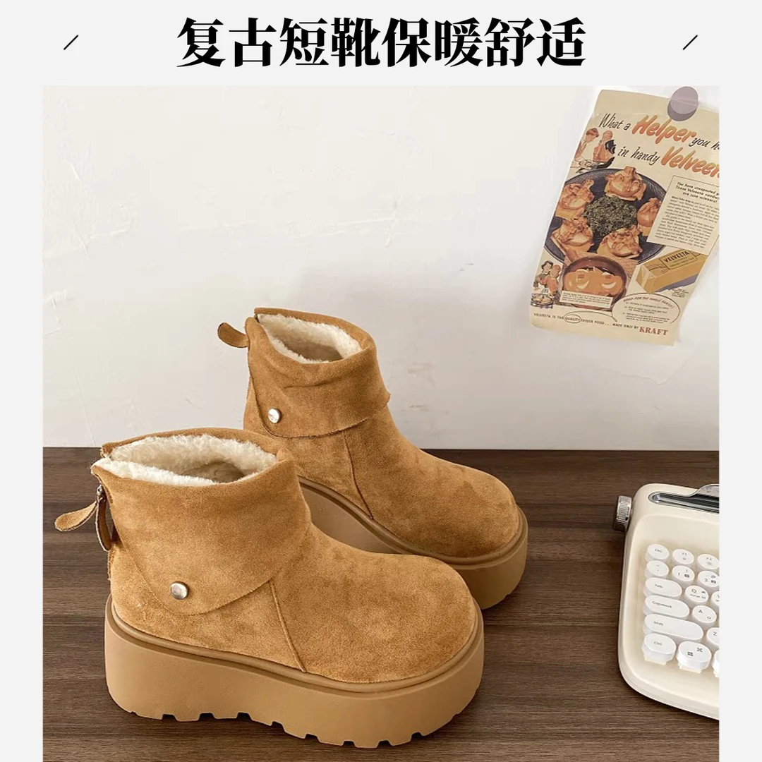 加厚短筒靴批发复古加绒棉鞋女厚底子潮保暖新款雪地靴冬季欧洲站