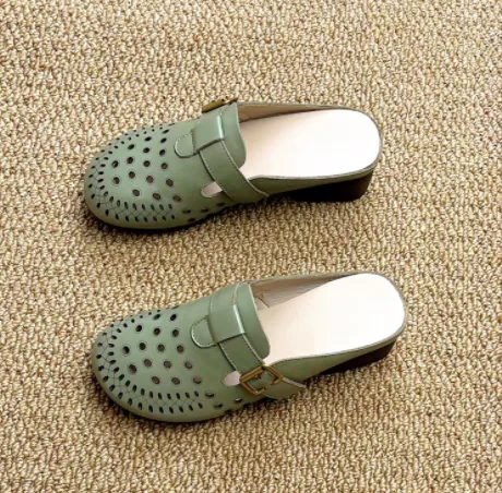 7016头层牛皮复古手工博肯半拖