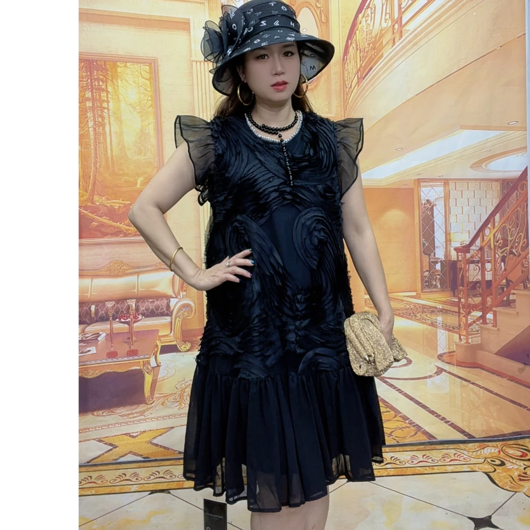 669小众设计感法式赫本风高级感黑色连衣裙夏季新款飞飞袖中长裙