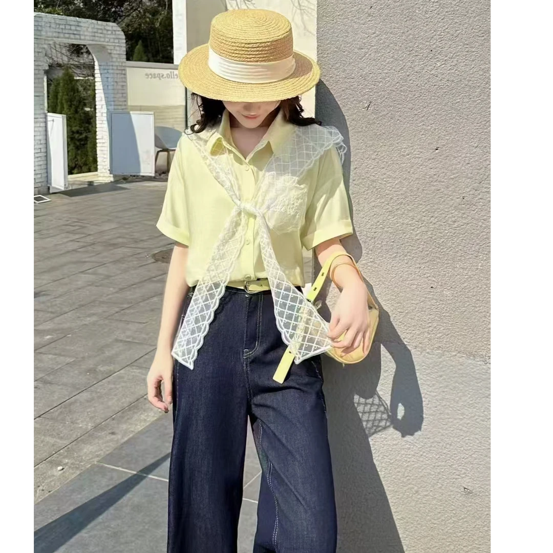 61963【衣长63】法式蕾丝披肩短袖衬衫显瘦设计百搭气质休闲上衣