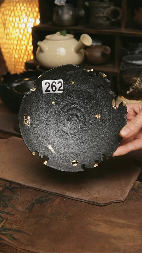 262号紫砂全手工黑金镂空壶承