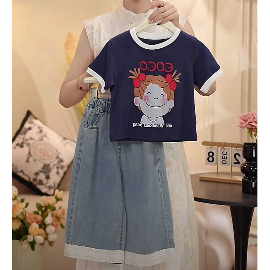 女童2025夏季新款常规卡通动漫休闲风上衣韩版牛仔裤套装-5019