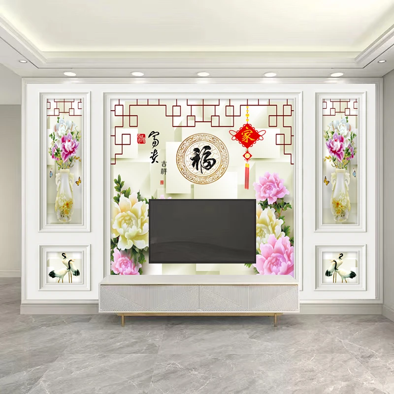 18D立体浮雕牡丹花壁画客厅电视背景墙布面墙纸中式壁纸无缝墙布